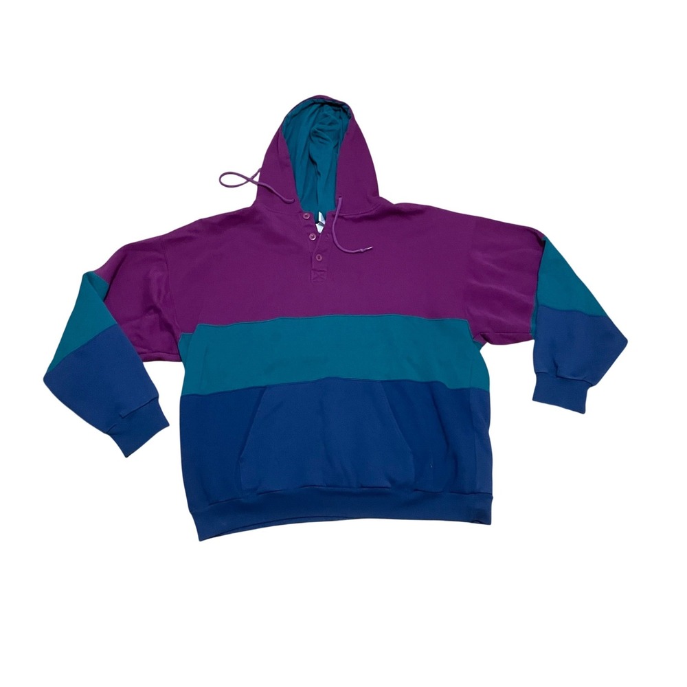 Vintage Pro Spirit Men's XL Colorblock Henley Hoodie Purple Teal Navy Blue 90s